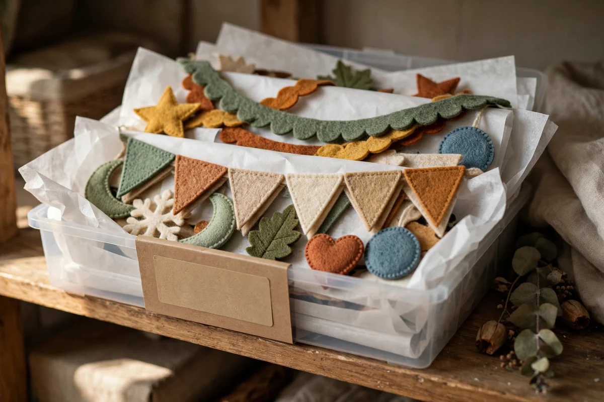 Felt garlands and ornaments stored flat in layers of tissue in a labelled box
