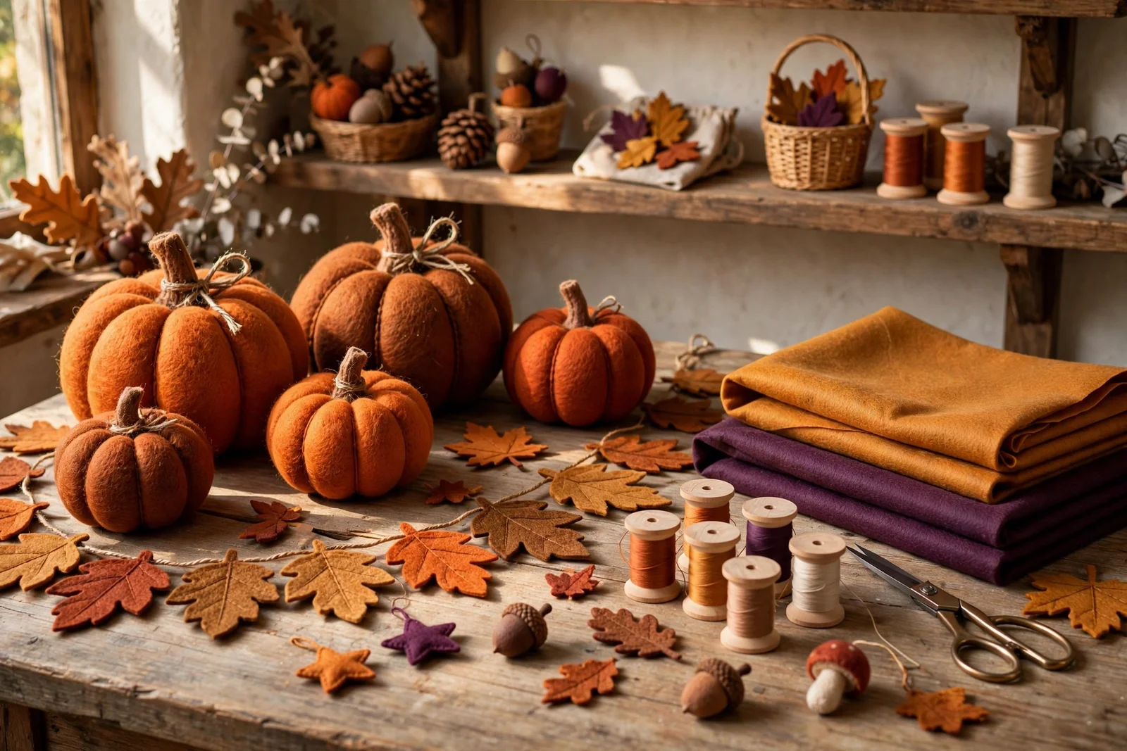 Felt pumpkins, leaf garlands and autumn crafts arranged on a wooden table in warm light