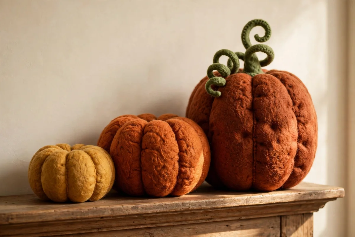 Three chunky felt pumpkins in burnt orange and rust on a wooden mantel