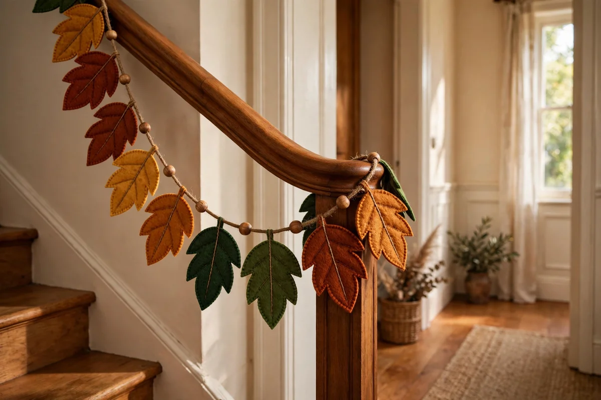 Felt leaf garland in rust and amber draped along a wooden stair rail