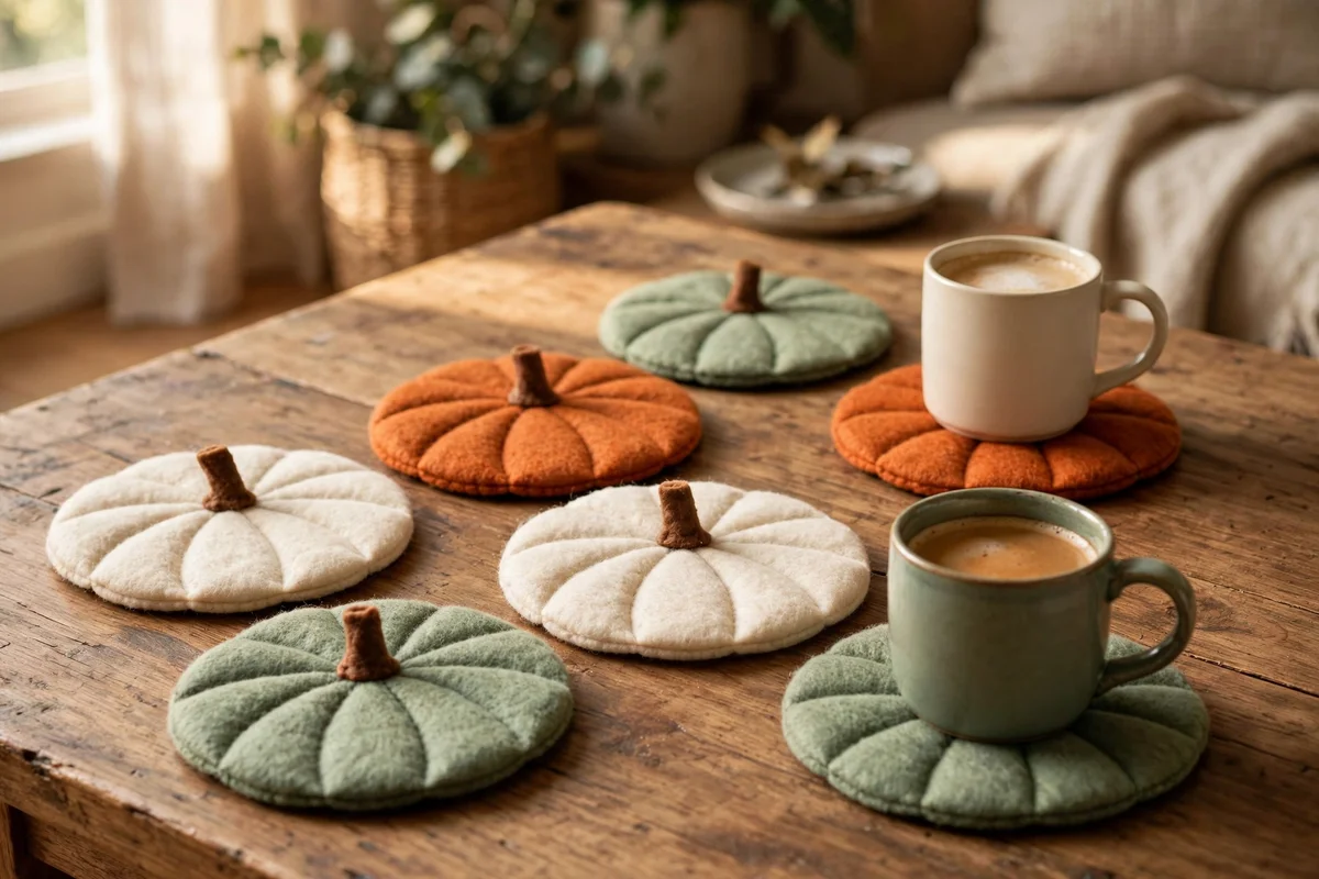 Round felt pumpkin coasters under mugs on a wooden coffee table
