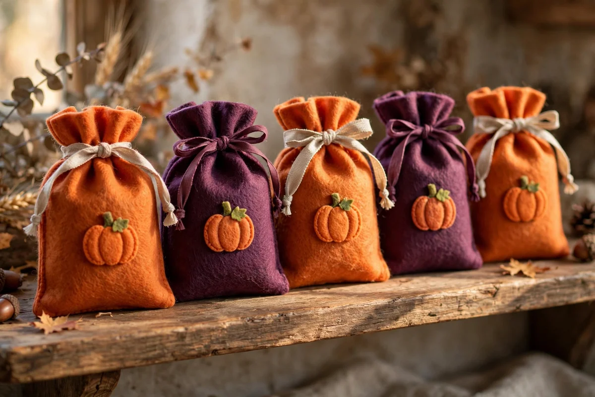 Felt treat bags with drawstrings lined up on a wooden shelf