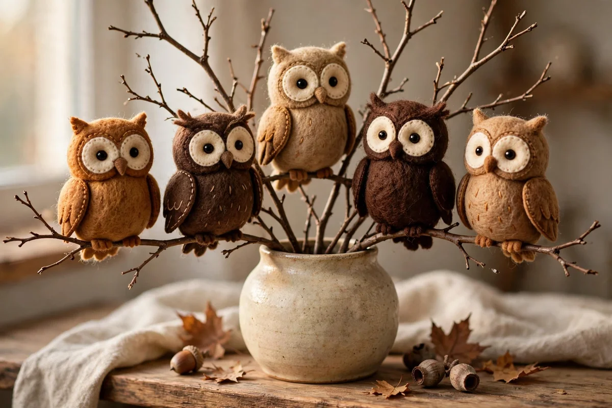 Friendly felt owl ornaments perched on branches on a wooden shelf