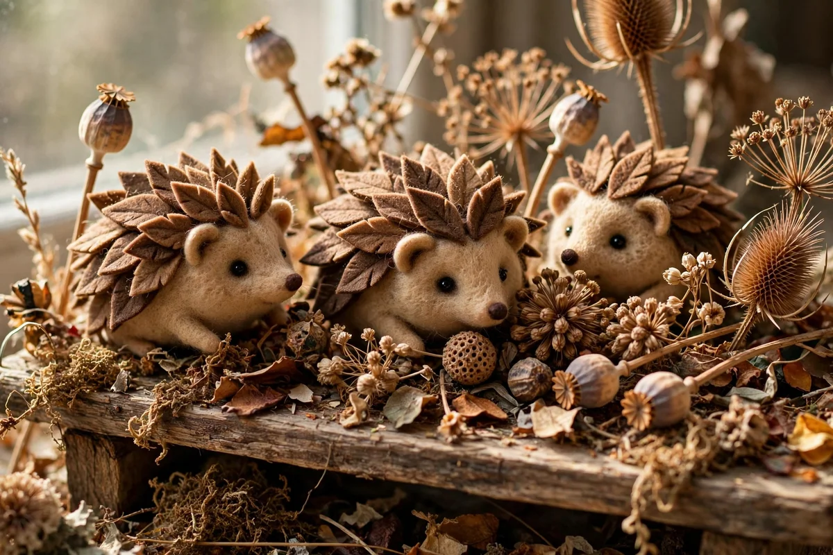 Tiny felt hedgehogs with layered leaf spines on a wooden shelf