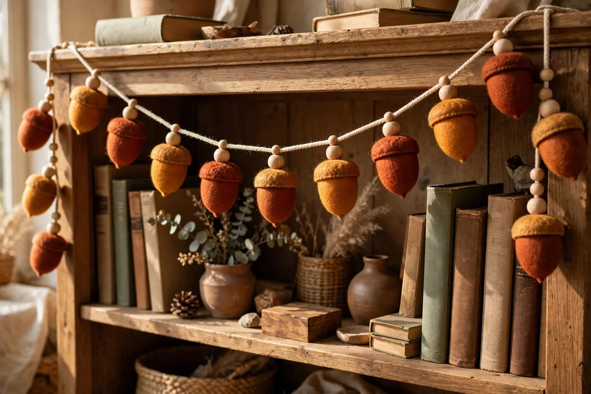 Felt acorn garland with wooden beads draped over a bookcase