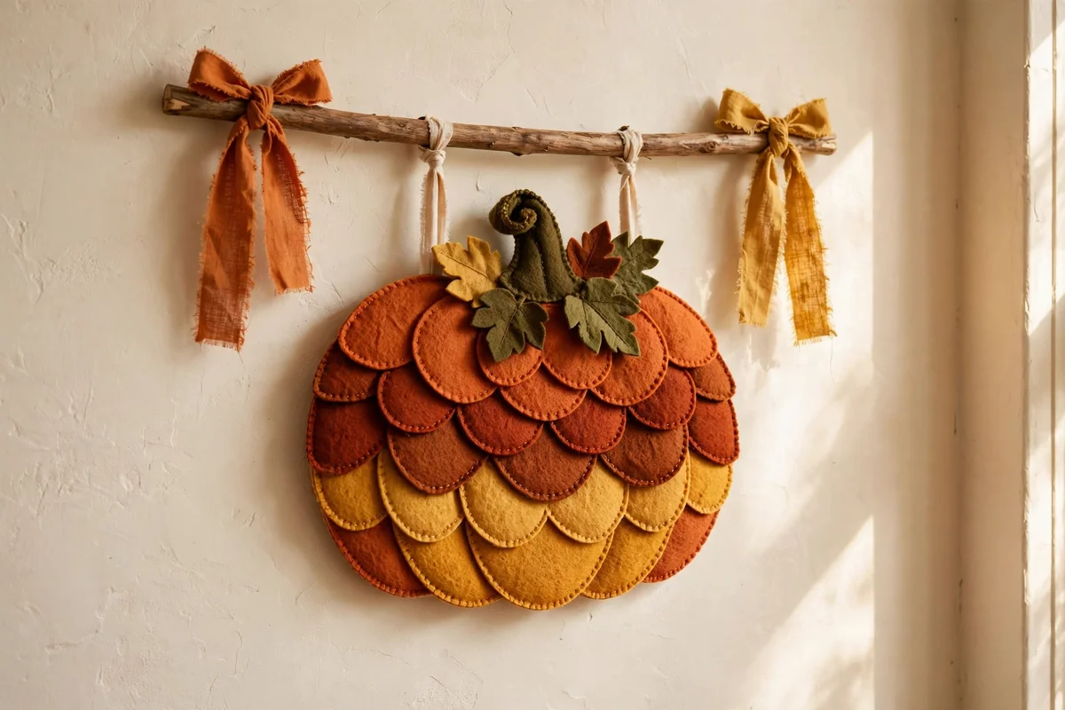 Layered felt pumpkin wall hanging on a wooden dowel in an entryway