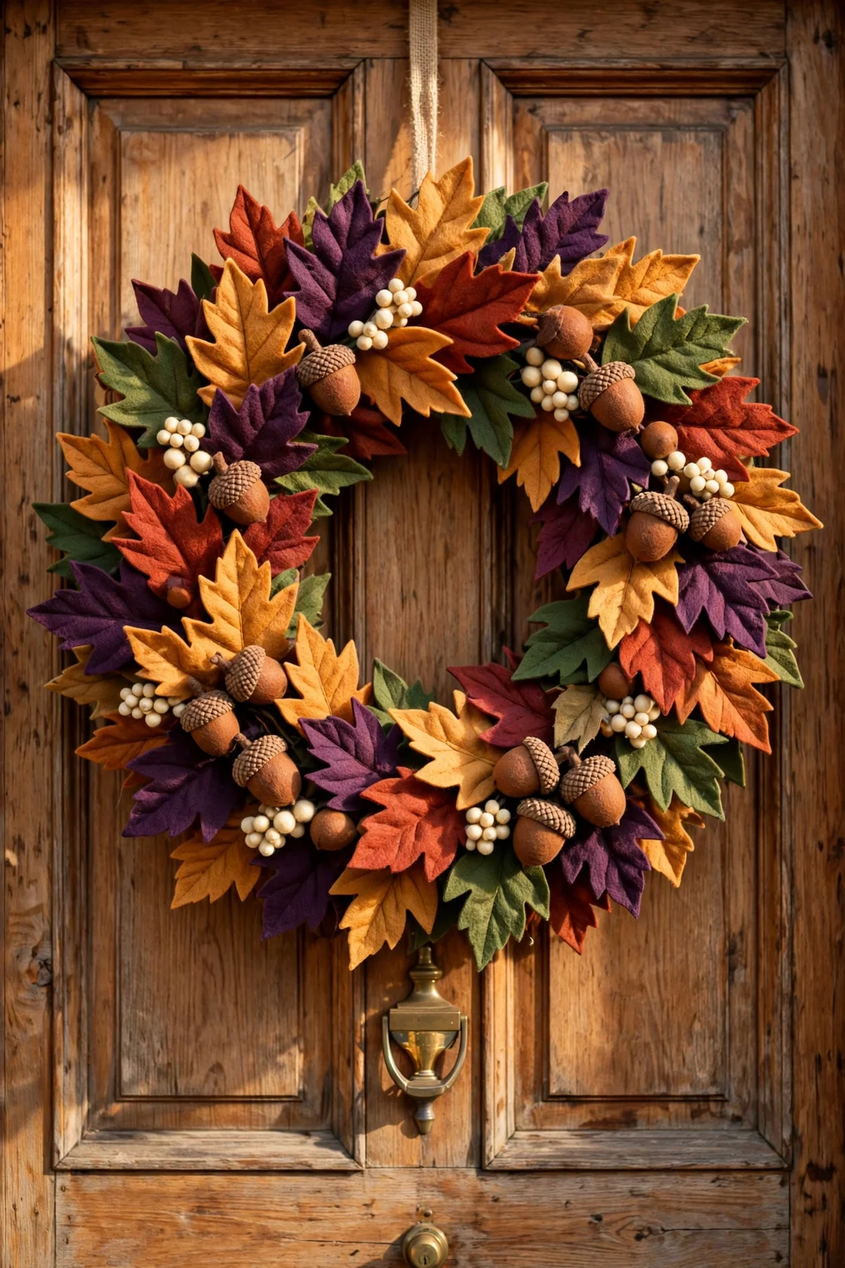 Felt leaf harvest wreath with acorns hanging on a front door
