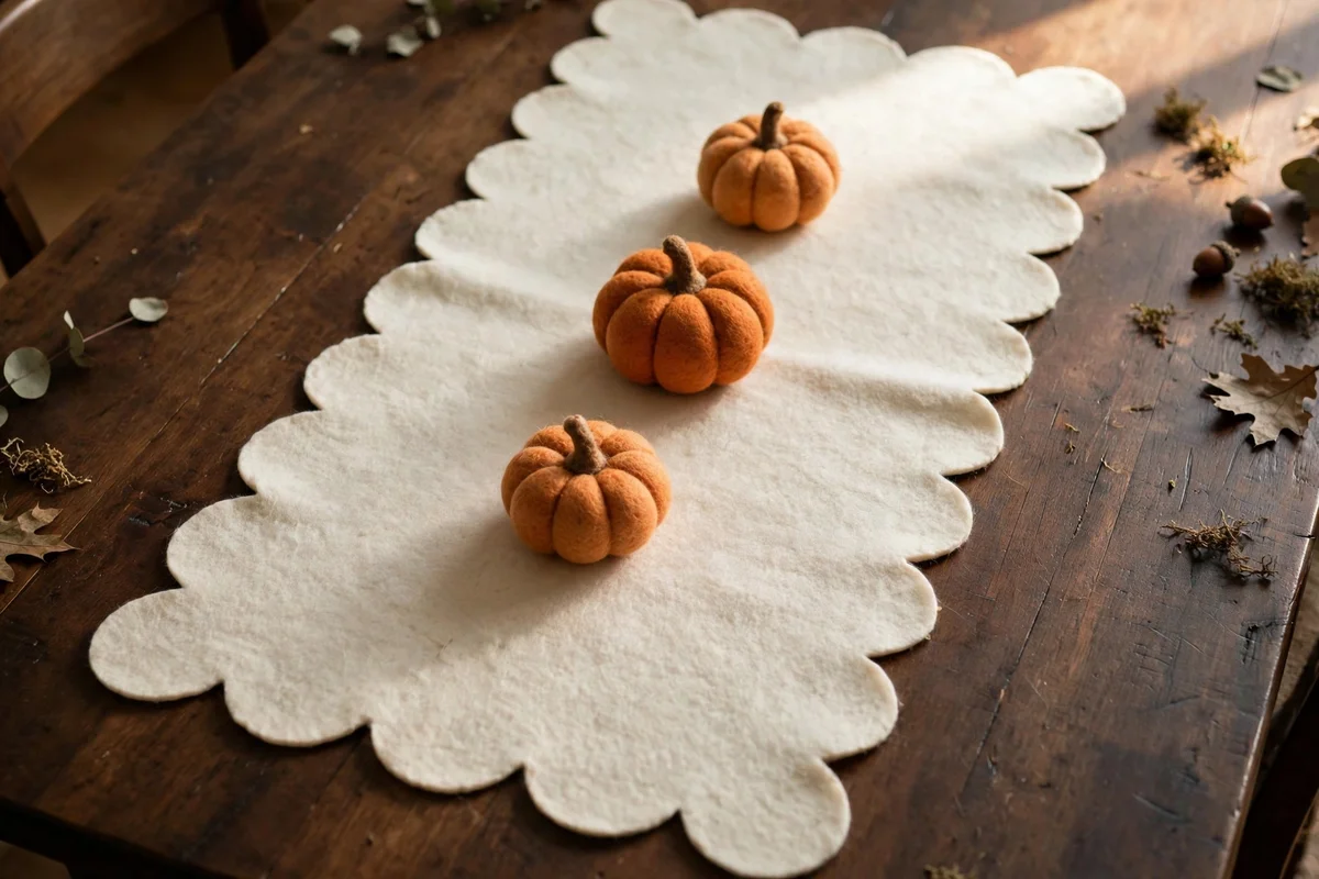 Scalloped felt table runner with small pumpkins on a dining table