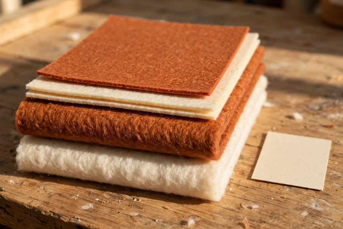 Felt sheets of different thicknesses stacked on a craft table