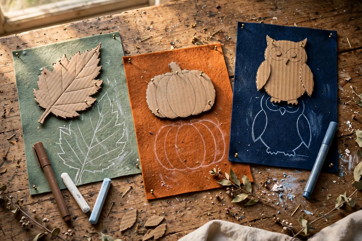Cardboard templates and felt sheets with scissors on a craft table