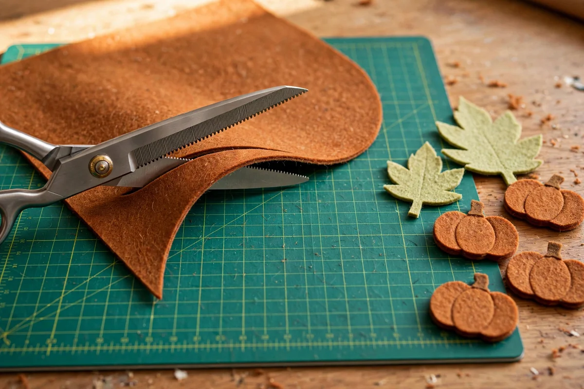 Micro-serrated scissors cutting felt shapes on a cutting mat