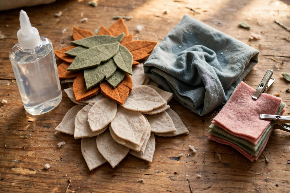 Fabric glue bottle and felt pieces arranged on a craft table
