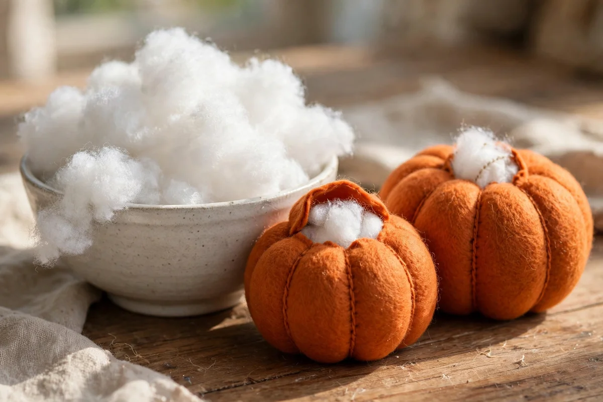 Polyester filling and partly stuffed felt pumpkins on a craft table