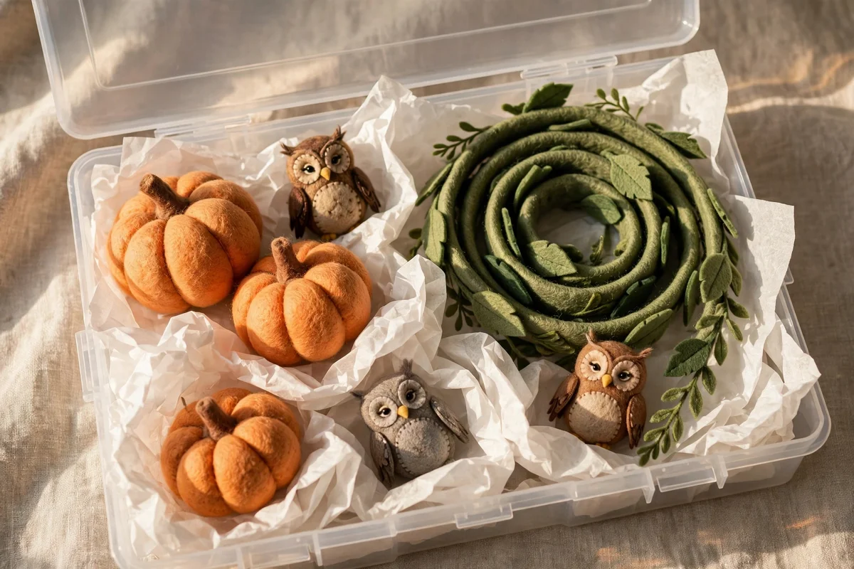Felt crafts layered with tissue paper inside a lidded storage box