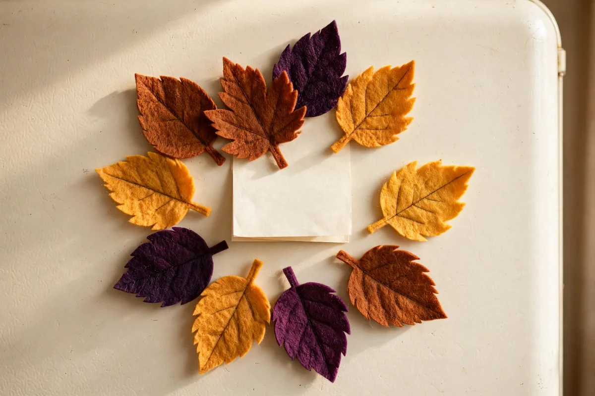 Felt leaf magnets arranged on a cream fridge door