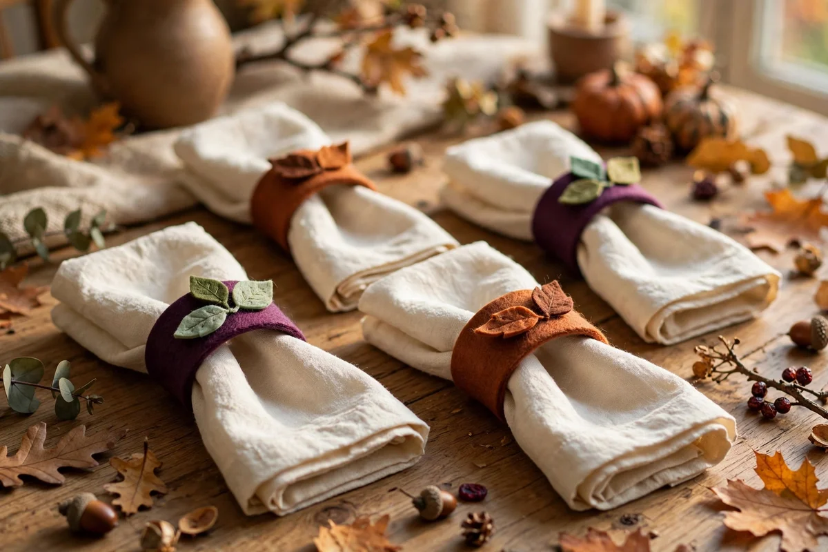 Felt napkin rings with leaf appliques around linen napkins on a table