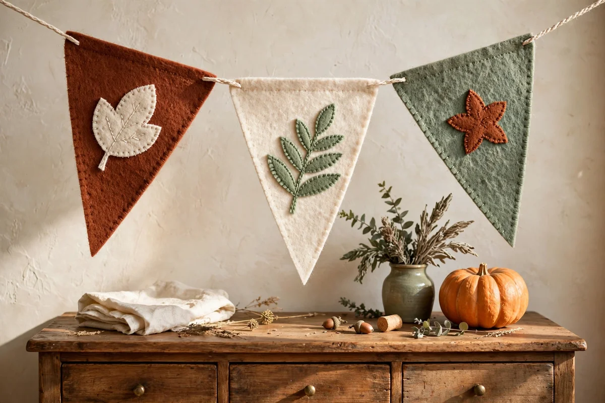 Felt banner spelling harvest thanks hung above a wooden sideboard