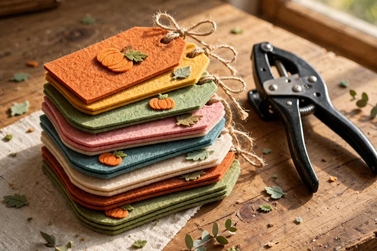 Felt gift tags with twine ties stacked on a wooden desk