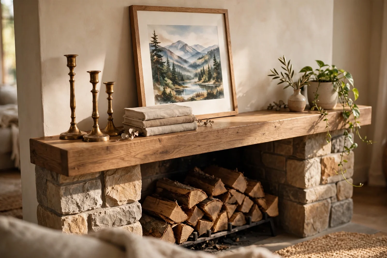 Styled fireplace mantel shelf with leaning art, brass candlesticks and books in warm light
