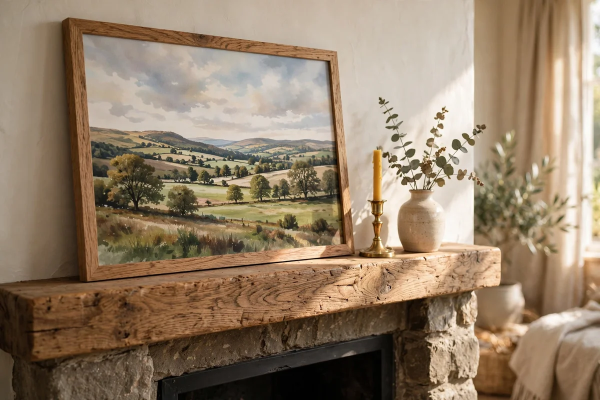 Fireplace mantel anchored by one large leaning art print with small brass and ceramic pieces