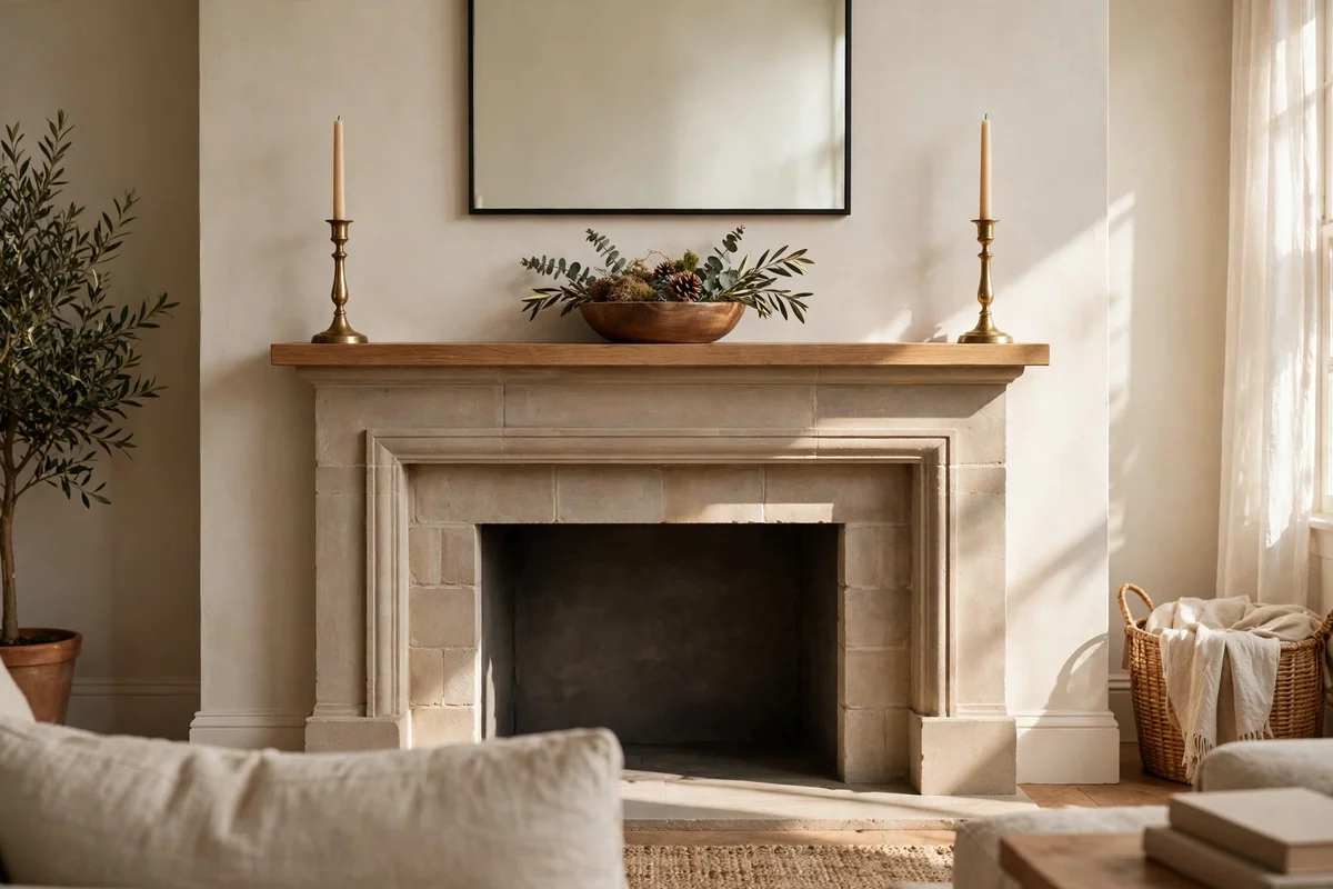 Symmetrical mantel shelf with matching candlesticks at each end and a low bowl centre