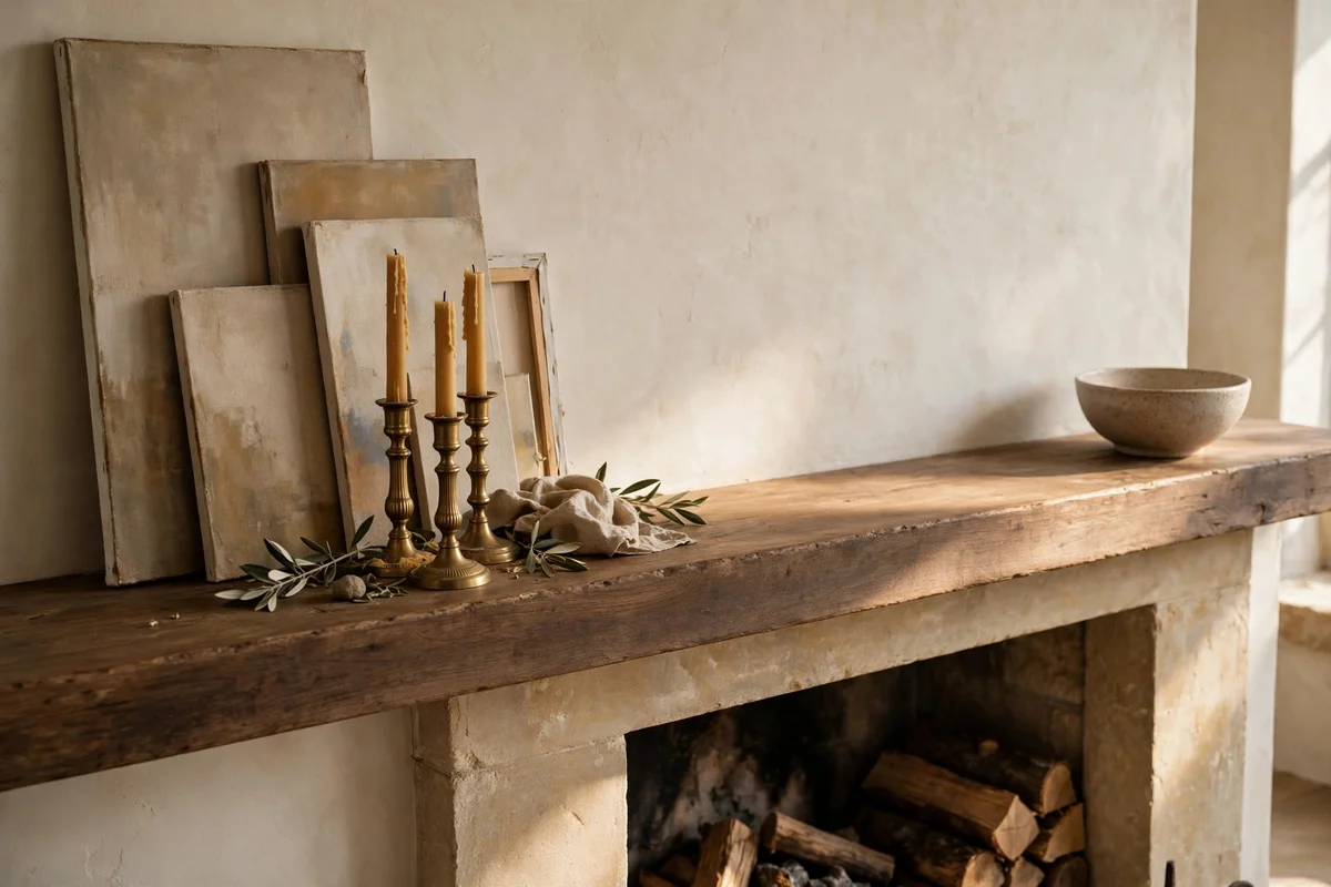Wide mantel with tall decor grouped on one side tapering to a single low bowl
