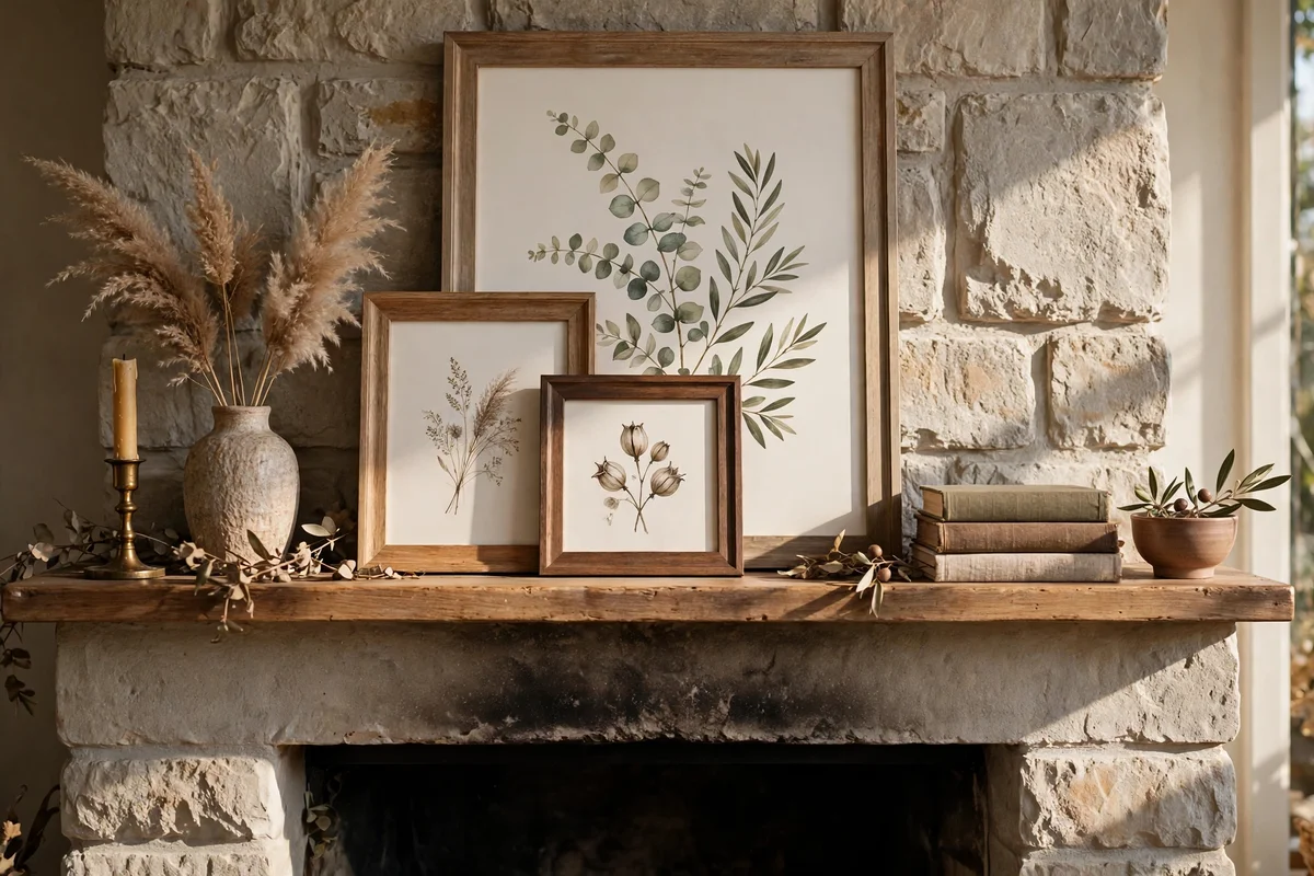 Layered leaning picture frames on a fireplace mantel, large print behind two smaller frames
