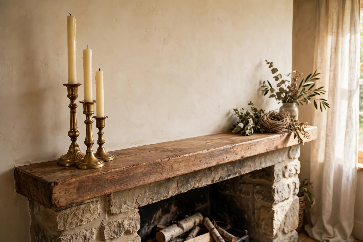 Three brass candlesticks in odd heights grouped at one end of a mantel