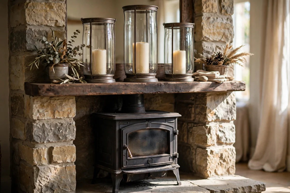 Mantel with candles inside glass hurricane lanterns above an unlit fireplace