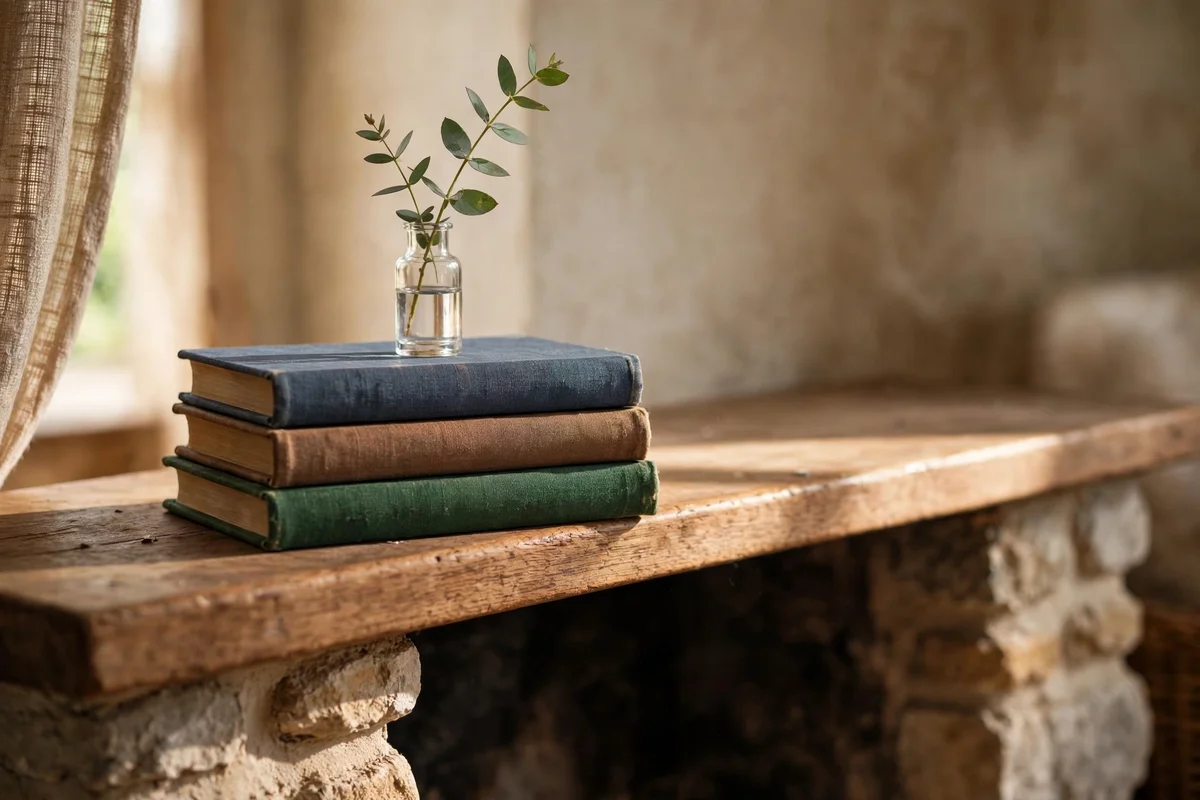 Low stack of clothbound books on a mantel topped with a small bud vase