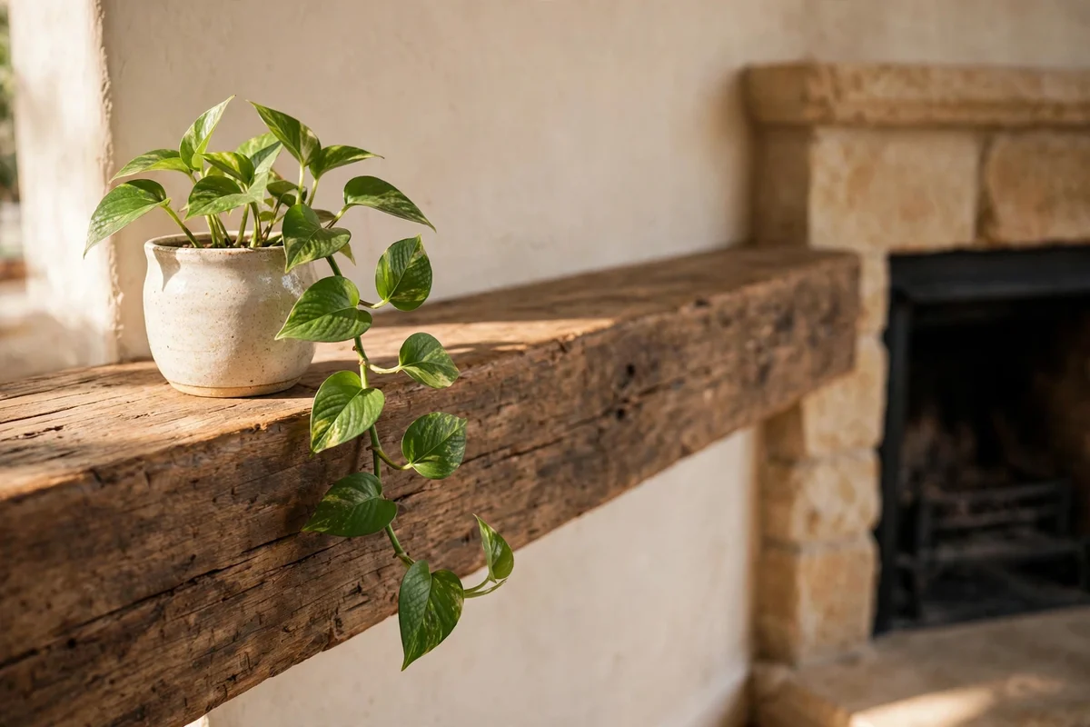 Small trailing pothos plant placed at the far corner of a fireplace mantel