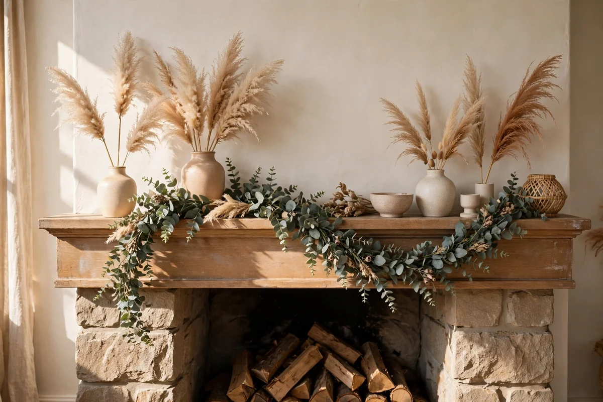 Unused fireplace mantel with faux eucalyptus garland and dried pampas stems