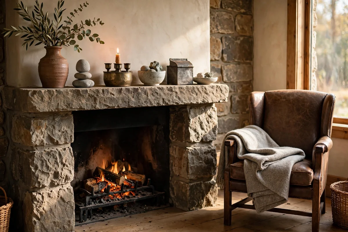Lit fireplace mantel with only stone and metal decor, wool throw on nearby armchair
