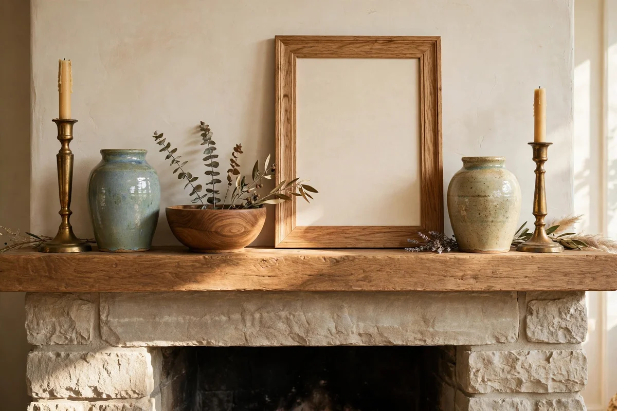 Mantel mixing brass metal, oak wood and glazed ceramic pieces for a collected look