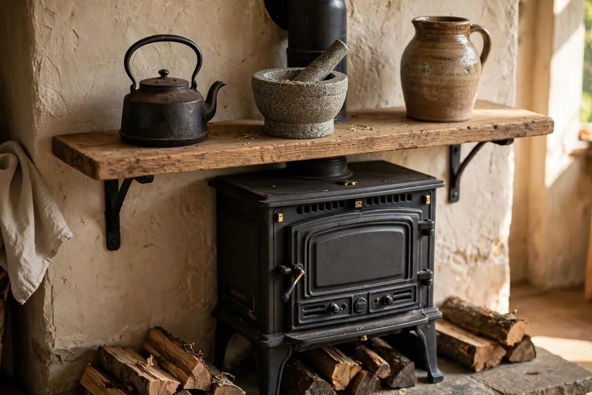 Shelf above a wood-burning stove styled only with iron kettle, stone and ceramic