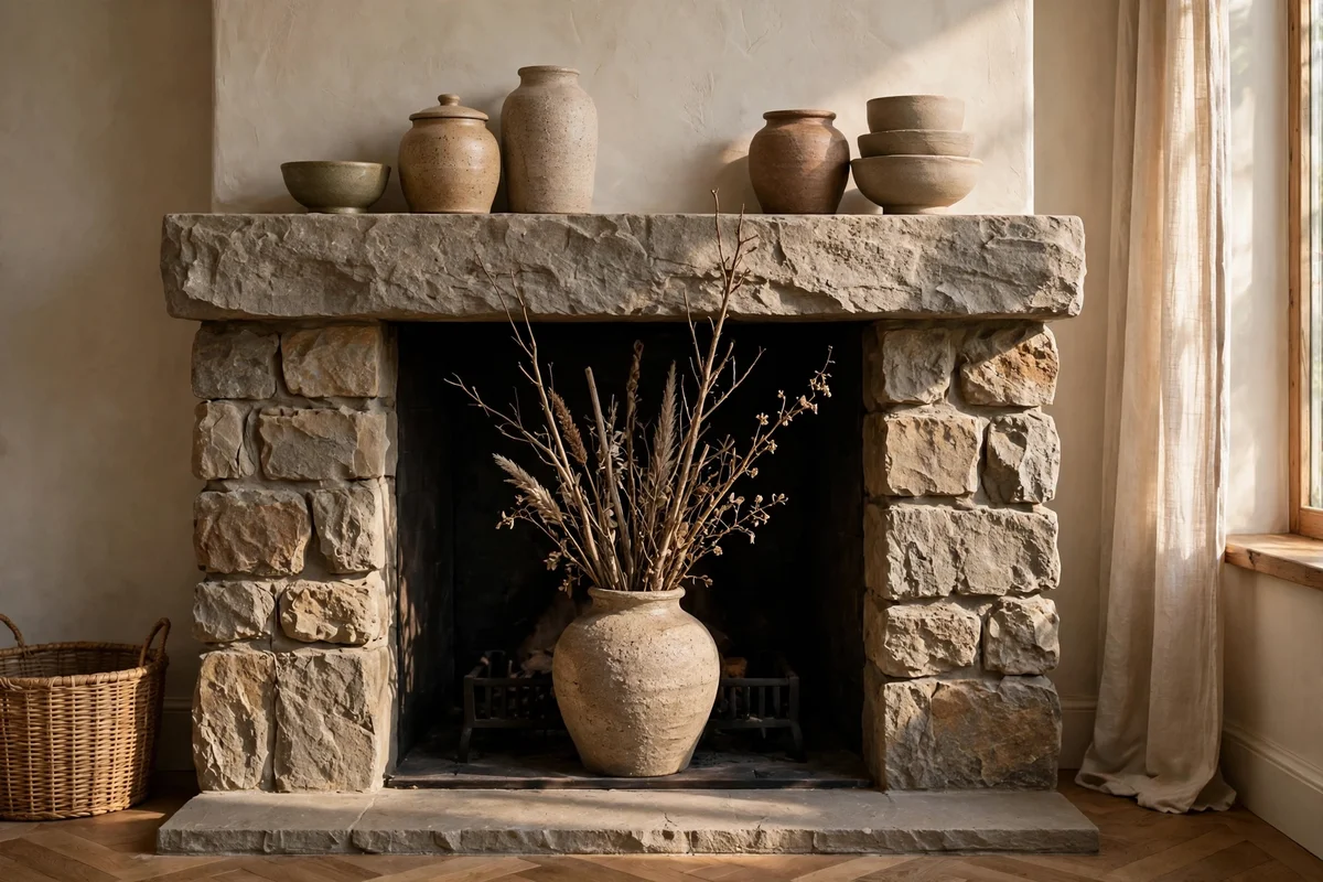Unused fireplace with tall branches in a vase and layered vessels on the mantel