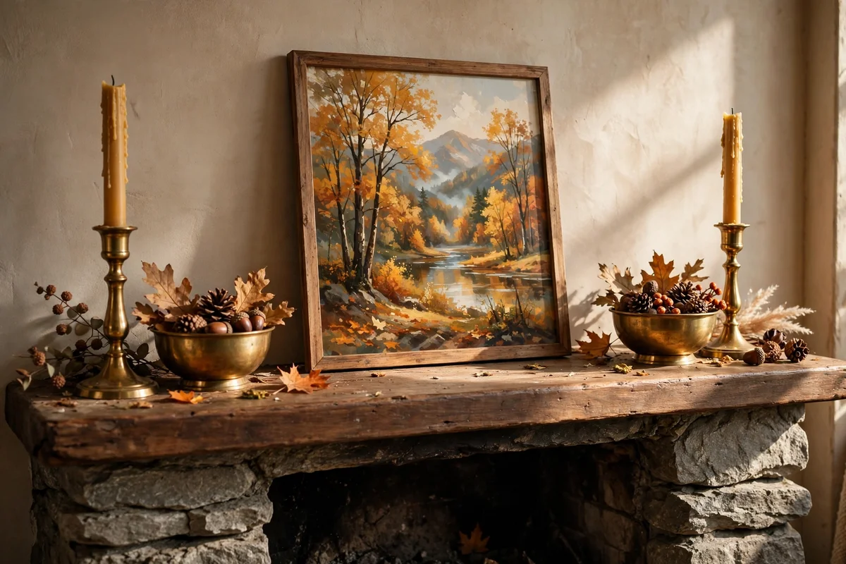Mantel with unchanged candlesticks and a swapped seasonal autumn art print