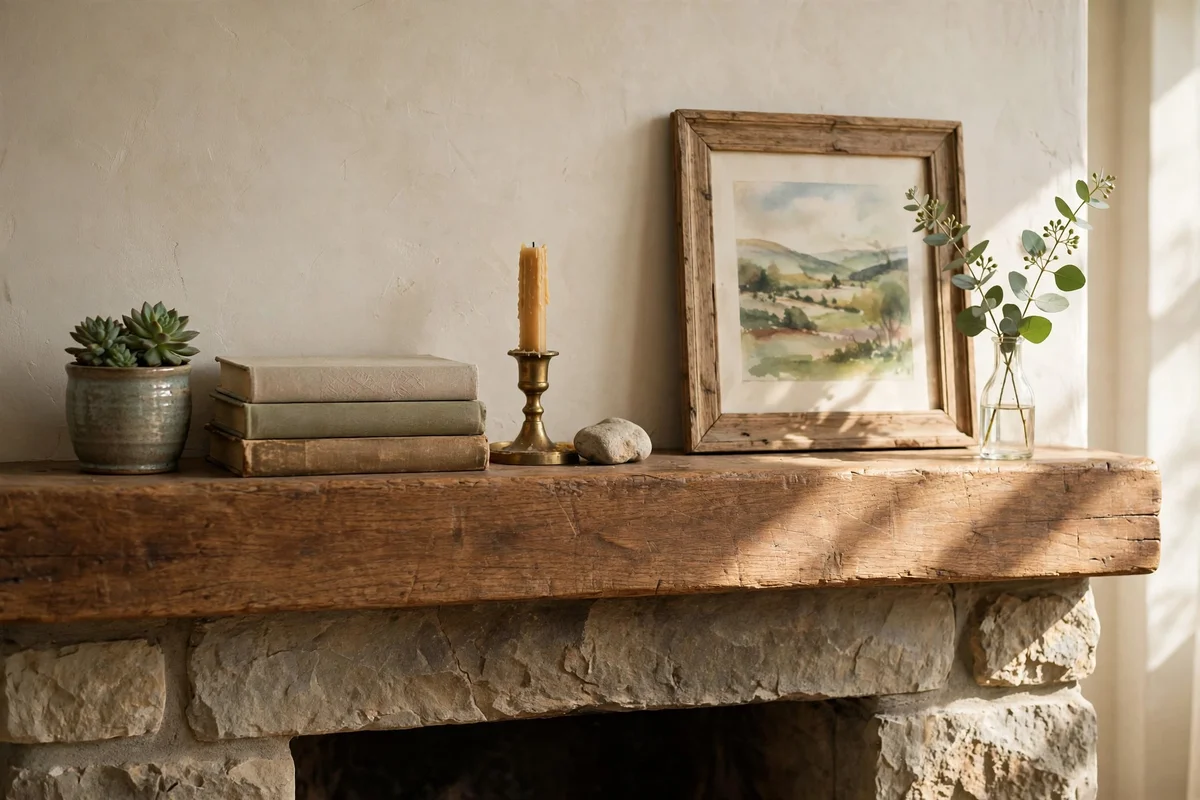 Mantel with a single eucalyptus sprig in a bud vase, shelf otherwise unchanged