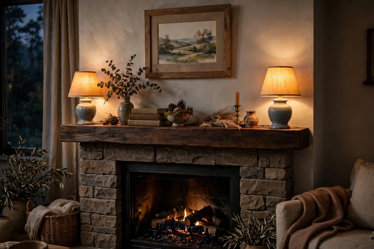 Mantel framed by two small matching lamps glowing warmly at each end