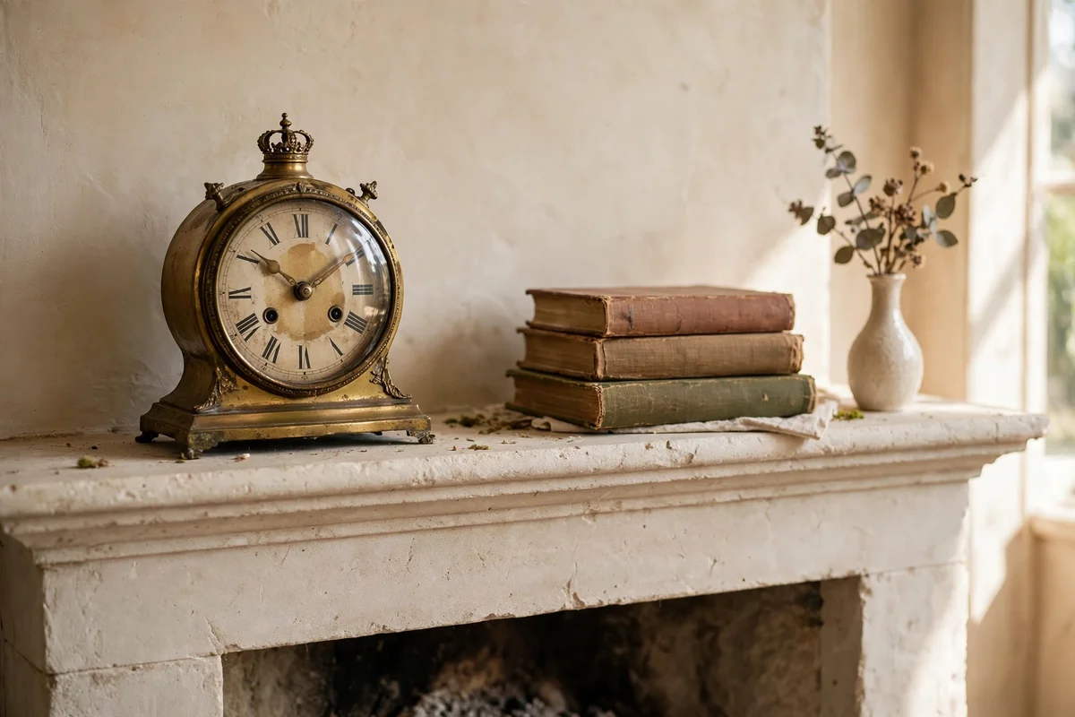 Vintage brass clock set off-centre on a mantel with books and a bud vase