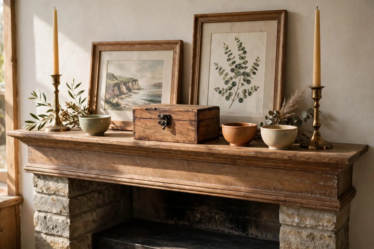Small bowls and a lidded box filling gaps between tall mantel pieces