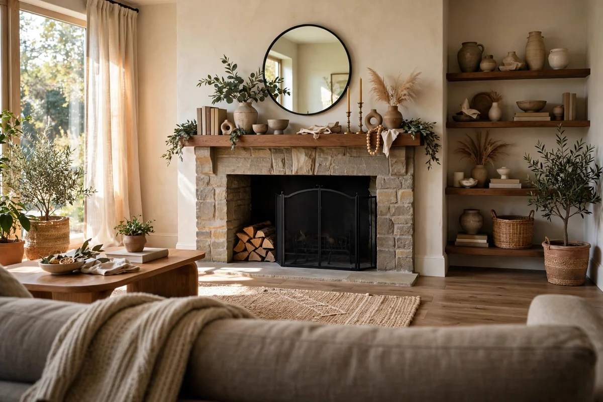 Styled fireplace mantel viewed from three metres back across the living room