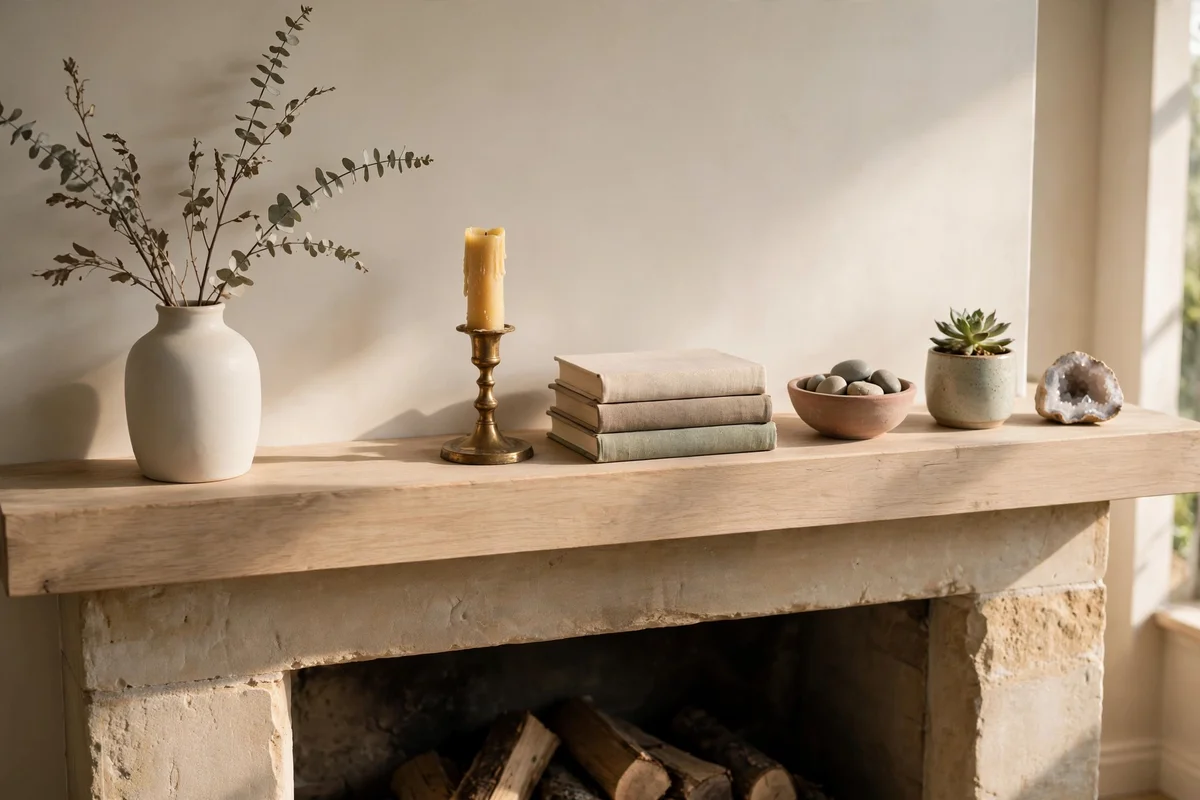 Calm uncluttered fireplace mantel with few objects and generous empty space