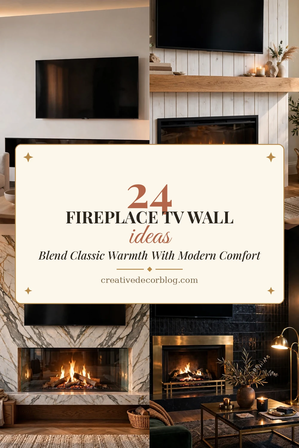 Pinterest pin collage of fireplace TV wall ideas titled 24 Fireplace TV Wall Ideas That Blend Classic Warmth With Modern Comfort