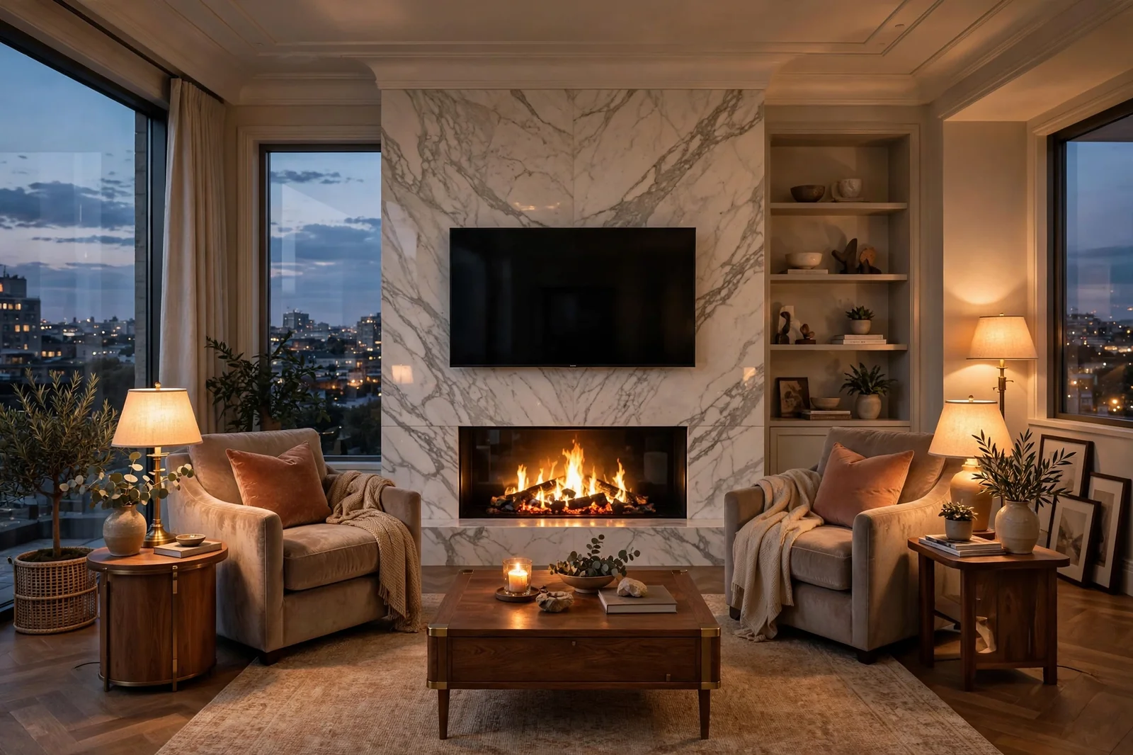 Elegant living room at dusk with a marble fireplace wall, glowing fire beneath a wall-mounted television
