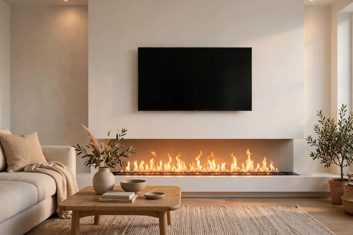 Frameless linear electric fireplace with ribbon flames under a wall-mounted TV in a minimalist living room