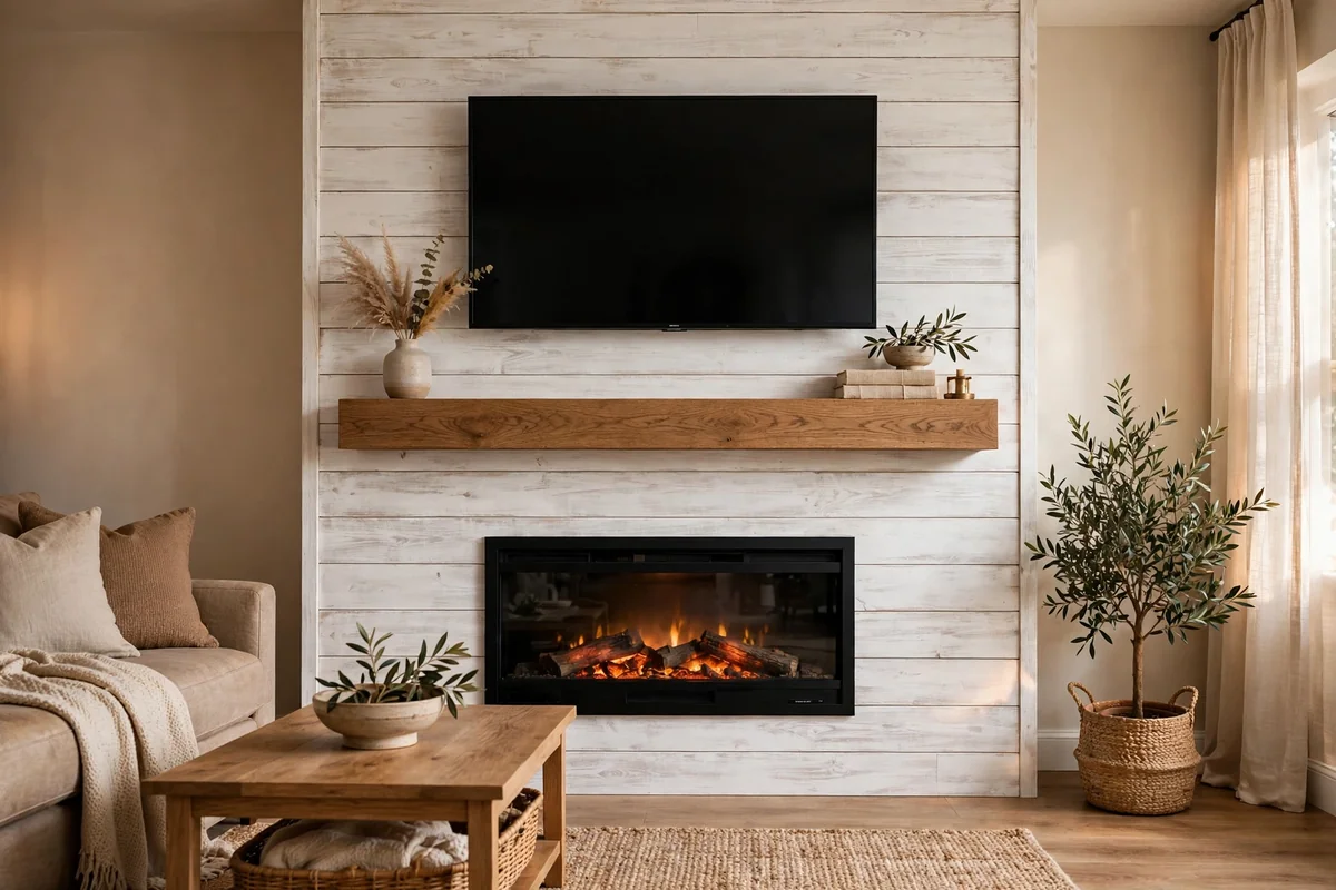 Whitewashed shiplap chimney breast with floating oak mantel, TV above and electric fireplace below