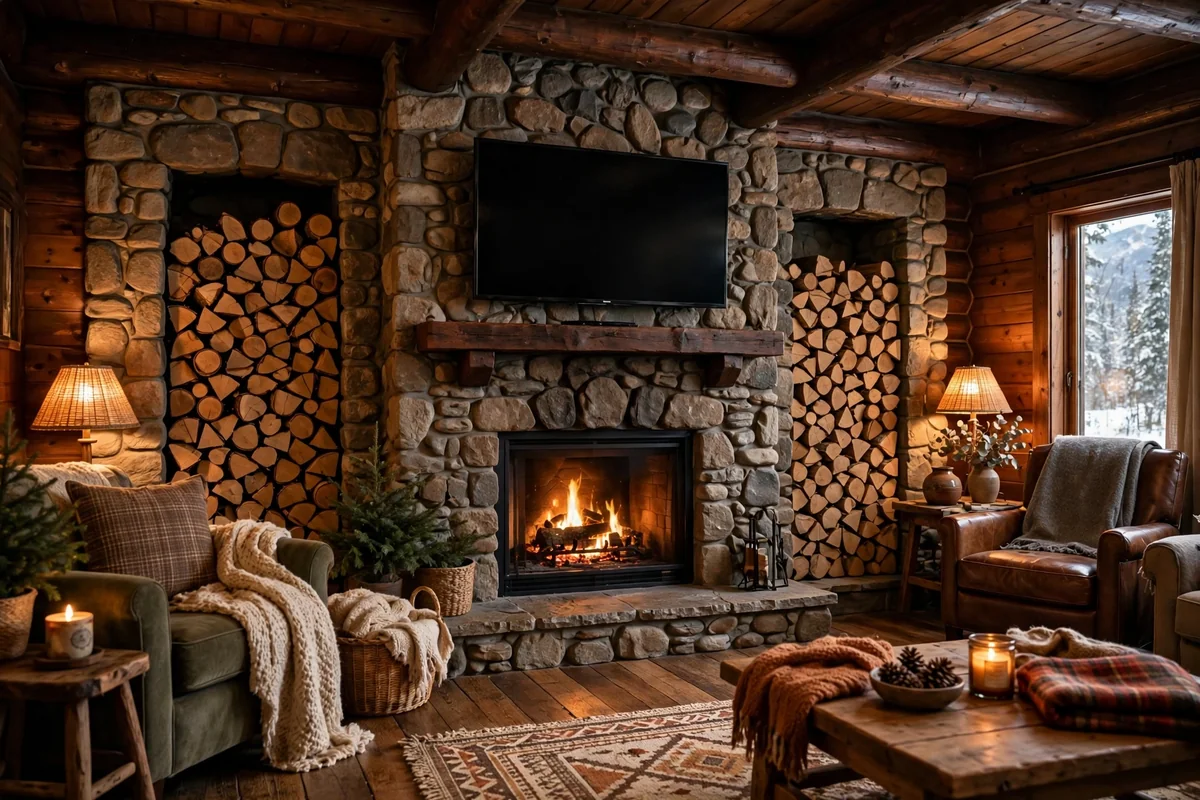 Cabin style stone fireplace with stacked log alcoves on both sides and TV mounted above the mantel