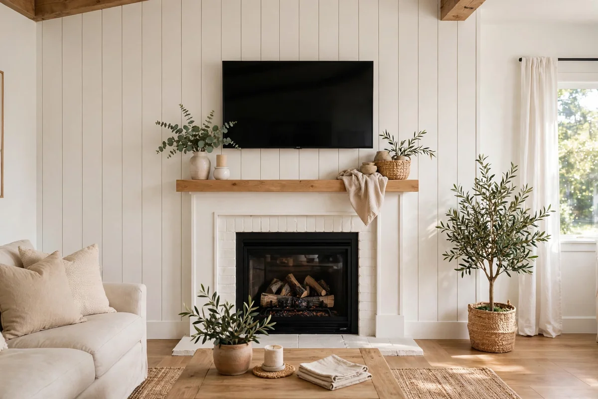 Soft white farmhouse fireplace wall with simple wooden mantel and TV above in a bright calm living room