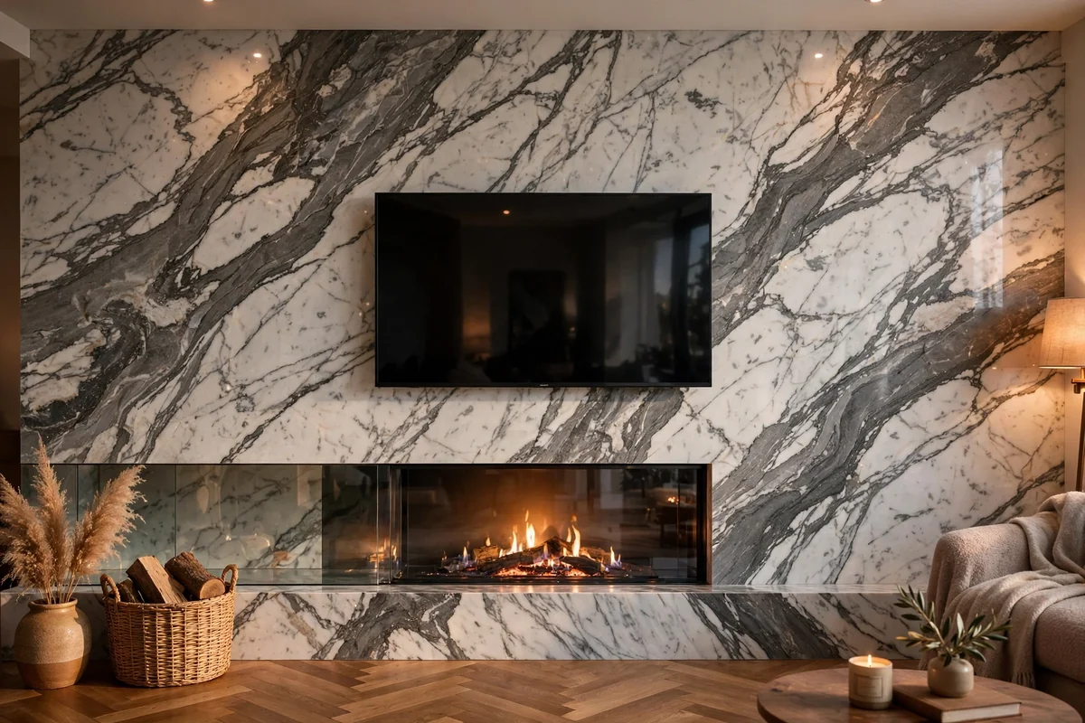 Full marble slab fireplace wall with dramatic veining, TV mounted on the marble above a glass-fronted fire